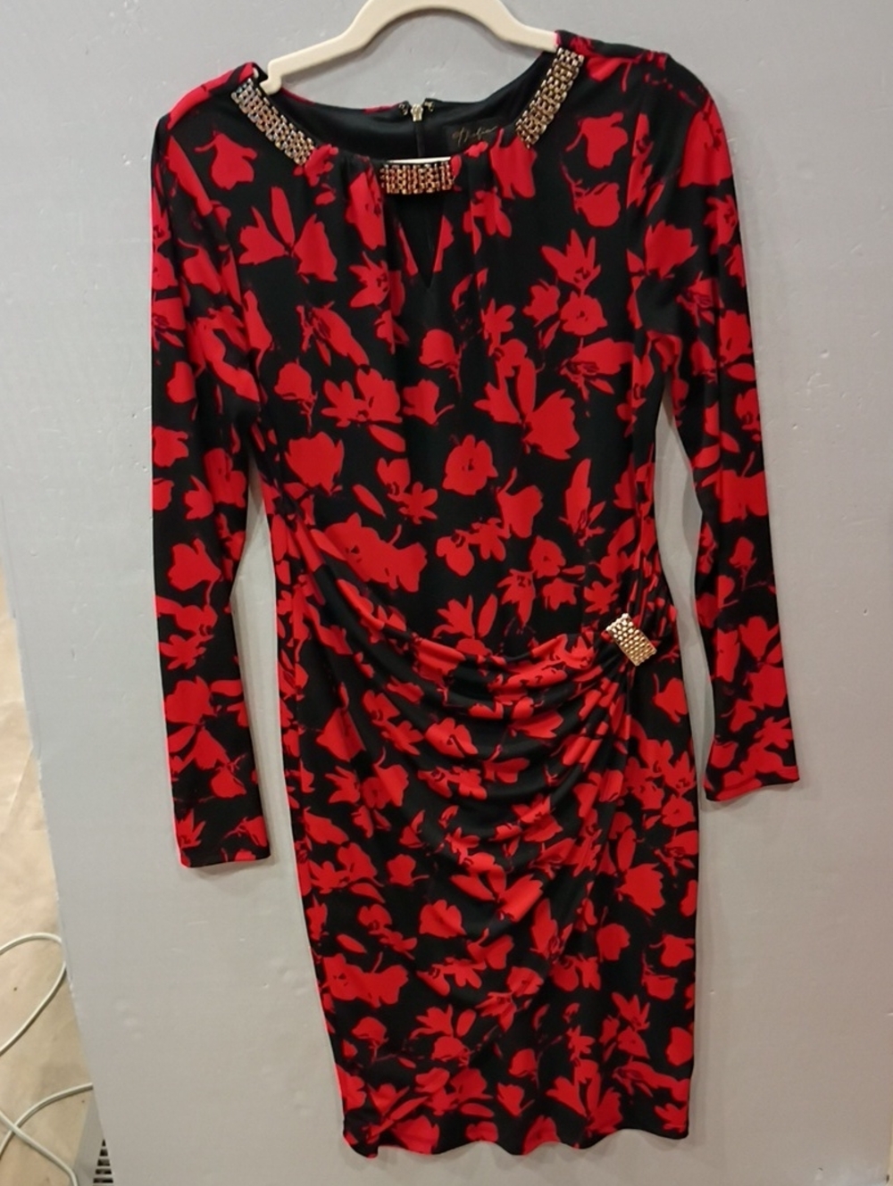 Thalia Sodi Women's Red & Black Floral Ruched Long-Sleeve Dress